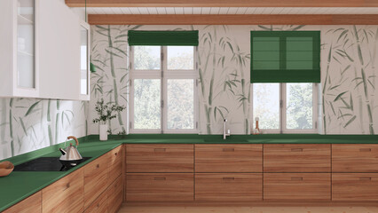 Japandi wooden kitchen in white and green tones. Parquet floor, beams ceiling and bamboo wallpaper. Panoramic windows. Minimalist interior design