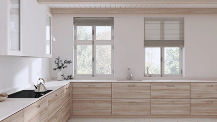 Fototapeta premium Japandi bleached wooden kitchen in white tones. Parquet floor and beams ceiling. Panoramic windows. Minimalist interior design