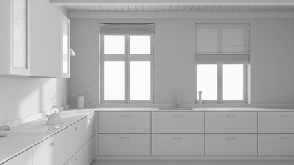 Total white project draft, japandi wooden kitchen. Parquet floor and beams ceiling. Panoramic windows. Minimalist interior design