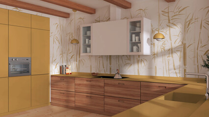Minimalist wooden kitchen in white and yellow tones with appliances. Parquet floor, beams ceiling and bamboo wallpaper. Japandi interior design