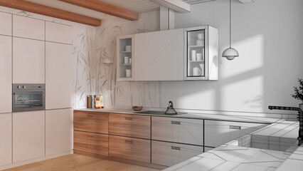 Architect interior designer concept: hand-drawn draft unfinished project that becomes real, minimalist wooden kitchen with appliances. Japandi style