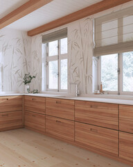 Minimalist japandi wooden kitchen in white tones. Parquet floor, beams ceiling and bamboo wallpaper. Farmhouse interior design