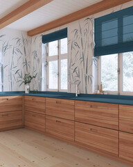 Minimalist japandi wooden kitchen in white and blue tones. Parquet floor, beams ceiling and bamboo wallpaper. Farmhouse interior design