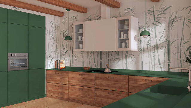 Minimalist wooden kitchen in white and green tones with appliances. Parquet floor, beams ceiling and bamboo wallpaper. Japandi interior design