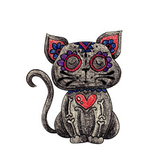 black cat doodle illustration with watercolor pencils isolated on white background. for printing stickers, cards, icons, logo, print. halloween and day of the dead in mexico
