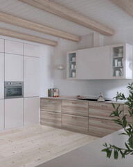 Minimalist bleached wooden kitchen in white tones. Cabinets and appliances. Parquet floor and beams ceiling. Japandi interior design
