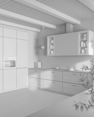 Total white project draft, minimalist wooden kitchen. Cabinets and appliances. Parquet floor and beams ceiling. Japandi interior design