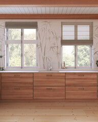 Minimalist wooden kitchen in white tones. Parquet floor, beams ceiling and bamboo wallpaper. Windows with curtains. Japandi interior design