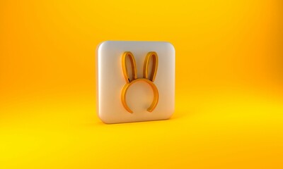 Gold Mask with long bunny ears icon isolated on yellow background. Fetish accessory. Sex toy for adult. Silver square button. 3D render illustration