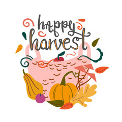 Autumn illustration with gather fall basket. Happy harvest festival concept.