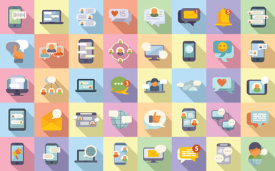 Messaging network icons set flat vector. Share star. People data