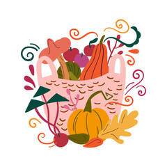 Autumn illustration with gather fall basket. Harvest festival concept.