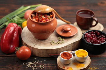 Rustic still life with a pot, wooden spoon, autumn vegetables, wooden table, dark wood. The hand holds a spoon.