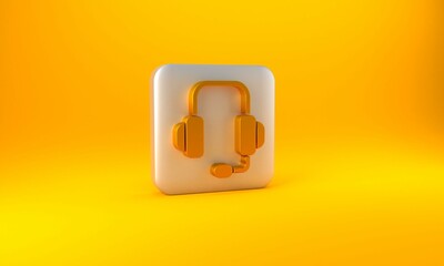 Gold Headphones icon isolated on yellow background. Support customer service, hotline, call center, faq, maintenance. Silver square button. 3D render illustration