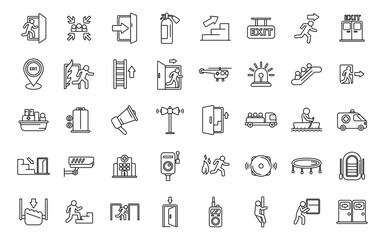 Human evacuation icons set outline vector. Emergency exit. Escape door