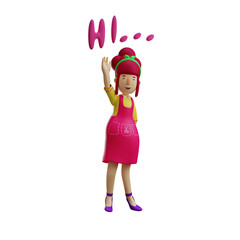 3D illustration. Smiling Face 3D Cartoon Mother Greeting. waved and said hi. showing a friendly facial expression. 3D Cartoon Character