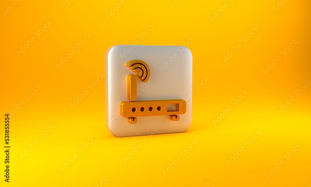 Poster gold router and wi-fi signal icon isolated on yellow background. wireless ethernet modem router. com
