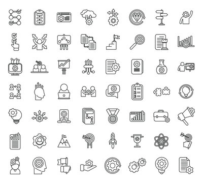 Realization icons set outline vector. Self dream. Success victory