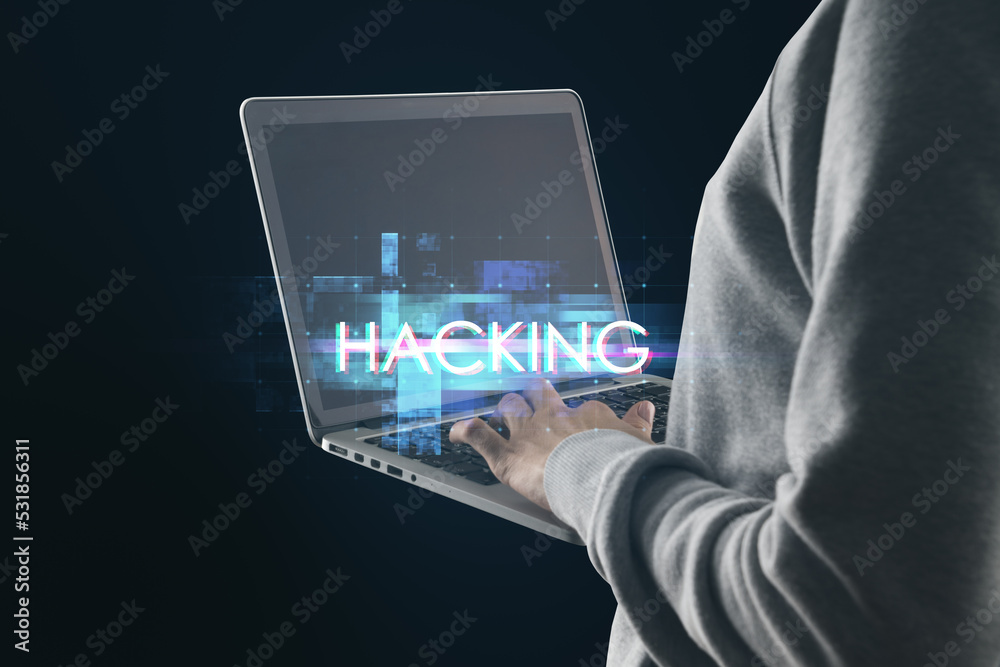 Fototapete Hacker using laptop with abstract glowing big data glitch on black background. Hacking and theft concept. Unique Design Abstract Digital Pixel Noise Glitch Error Video Damage.