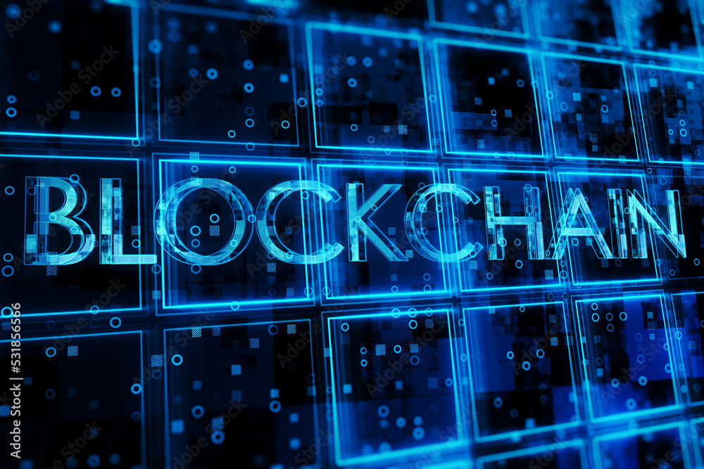 Poster Creative dark blue cubes backdrop with blockchain text hologram. Technology, bigdata and information concept. 3D Rendering.