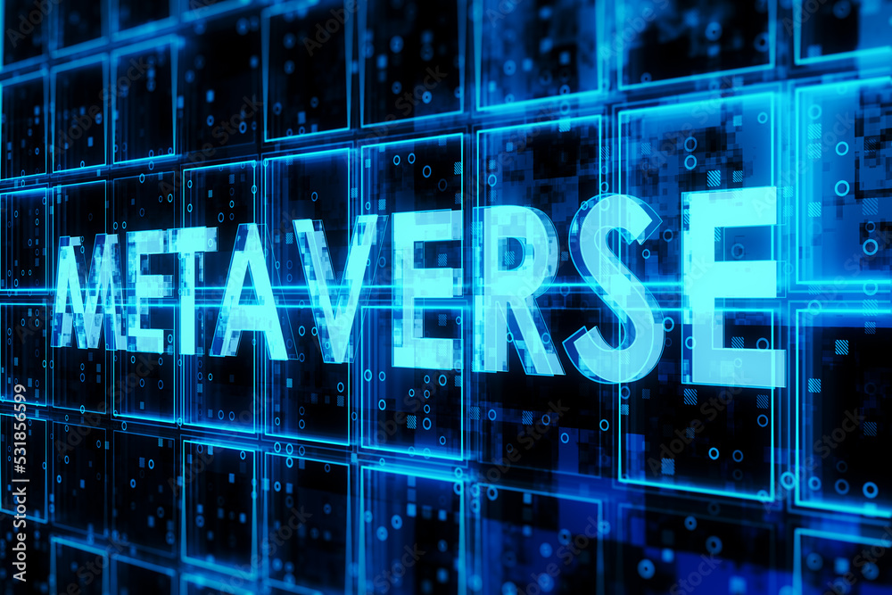 Poster Creative dark blue cubes background with metaverse text hologram. Technology, bigdata and information concept. 3D Rendering.