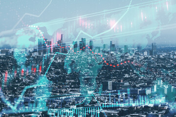 Bright glowing forex chart on blurry backdrop. Trade, finance, stats. Double exposure.
