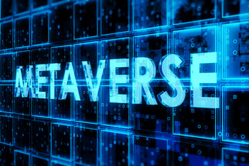 Creative dark blue cubes background with metaverse text hologram. Technology, bigdata and information concept. 3D Rendering.