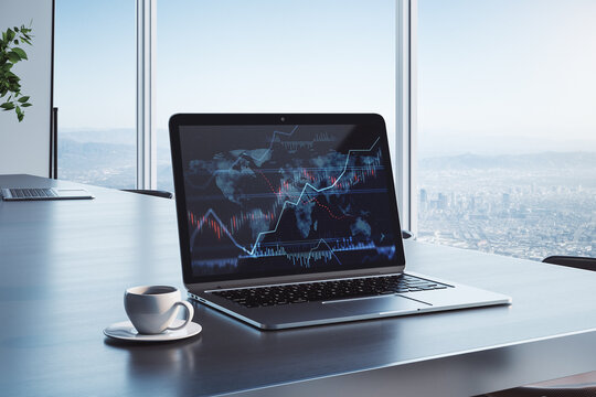 Close up of laptop computer with forex chart on screen. Bright office desktop background with coffee cup. City view. 3D Rendering.