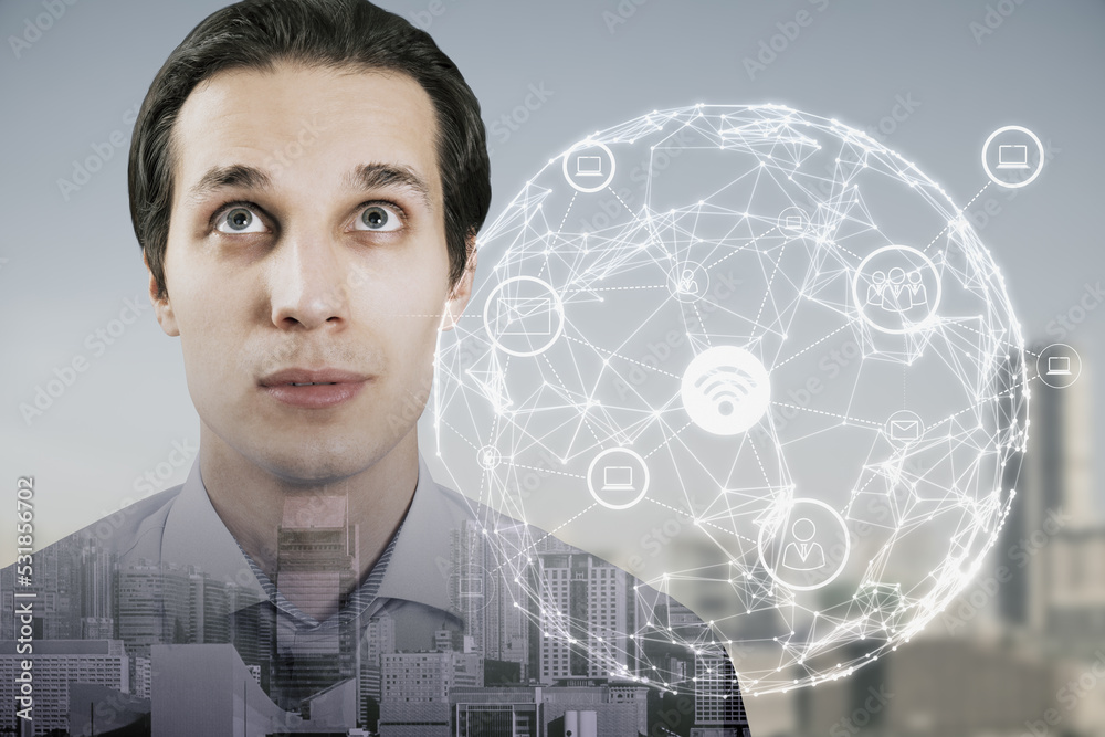 Poster man with abstract glowing wi-fi icons polygonal globe on blurry city background. wi fi internet conn