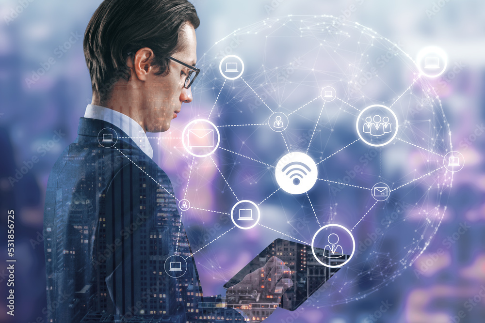 Poster businessman with tablet and abstract glowing wi-fi icons polygonal globe on blurry city background. 