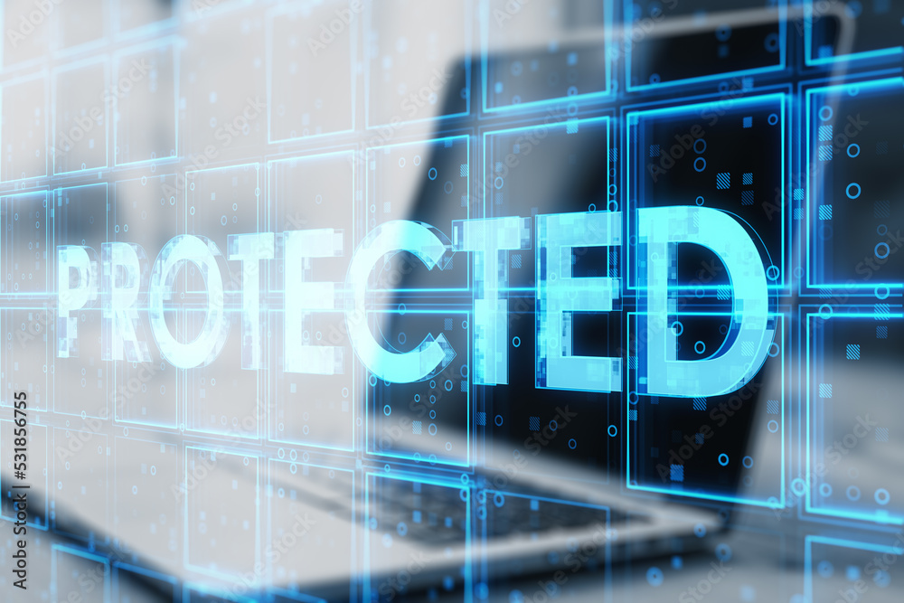 Poster Close up of laptop computer with creative blue cubes protected text hologram on blurry background. Technology, secure and information protection concept. Double exposure.
