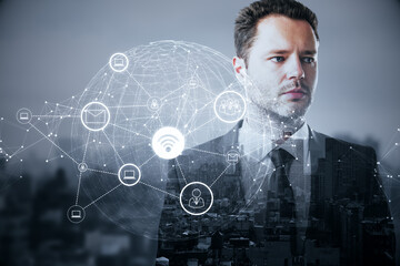 businessman with abstract glowing wi-fi icons polygonal globe on blurry city background. wi fi internet connection in digital city connect to global technology success of business marketing.