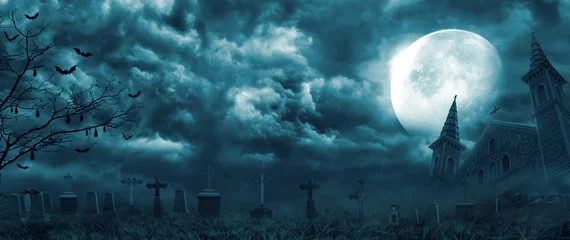 Fotobehang Volle maan Graveyard cemetery to castle In Spooky scary dark Night full moon and bats on dead tree. Holiday event halloween banner background concept.