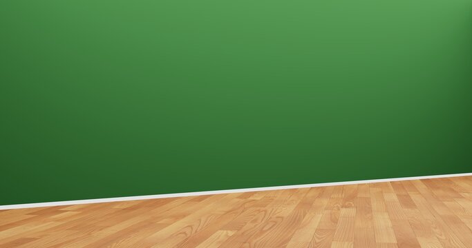 Empty blank room with green wall and light wooden floor. unfurnished room. Side diagonal view. 3d picture.