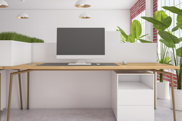 brick and wooden coworking office interior with empty computer monitor, partitions, furniture, decorative plant in flowerpot and window with city view and daylight. Mock up, 3D Rendering.