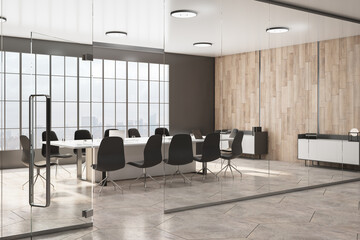 Clean wooden and concrete tile, empty bright meeting room interior with furniture, glass wall and daylight. 3D Rendering.