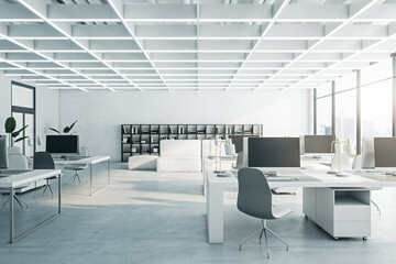 Modern concrete coworking office interior with furniture, equipment and window with city view, daylight. 3D Rendering.