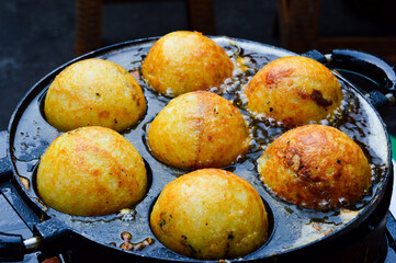Pasar Lama Tangerang, Banten, Indonesia – August 21, 2022: Jumbo Takoyaki with selected focus.
