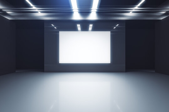 Modern futuristic gallery interior with empty white mock up banner on wall. 3D Rendering.