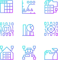 Data mining in industry gradient linear vector icons set. Knowledge discovering in data. Analyze and storage information. Thin line contour symbols bundle. Isolated outline illustrations collection