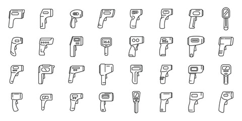 Laser thermometer icons set outline vector. Heat device. Celsius corona