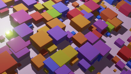 3D illustration abstract art of multicolored box pattern with purple - white background