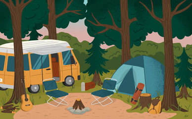 Camping site with tent, bonfire and camper van. Summer camp vacation vector illustration. Forest landscape with camping equipment. Adventure, nature, campfire - obrazy, fototapety, plakaty