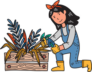 Hand Drawn female farmer picking fruits and vegetables illustration