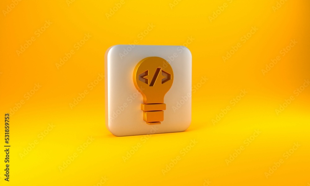 Wall mural gold web design and front end development icon isolated on yellow background. silver square button. 
