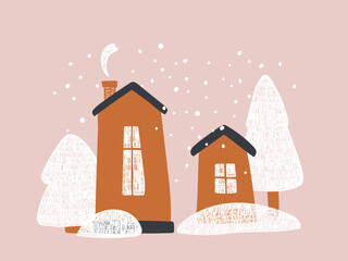 Winter village, cozy houses in snowfall forest. Merry Christmas. Vector print for children room, fabric, paper, greeting card, postcard, card, t shirt, poster, textile. Vector illustration