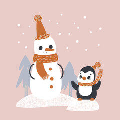 Christmas illustration with funny snowman and penguin. Vector print for children room, fabric, paper, greeting card, postcard, card, t shirt, poster, textile. Vector illustration