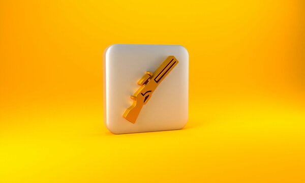 Gold Hunting gun icon isolated on yellow background. Hunting shotgun. Silver square button. 3D render illustration
