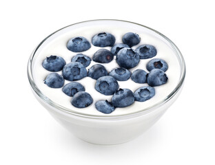 Glass bowl with yogurt and blueberries isolated on white background. With clipping path.