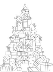 Vector linear drawing from holiday boxes. For coloring. Different Christmas boxes in the shape of a Christmas tree.
